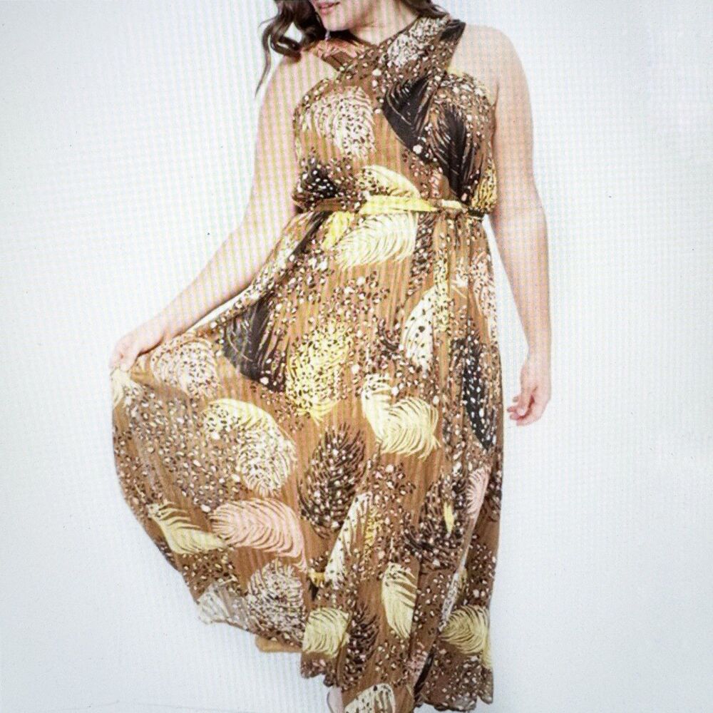 Eloquii Cross Front Women's Leaf Print Tie Waist Lined Maxi Dress